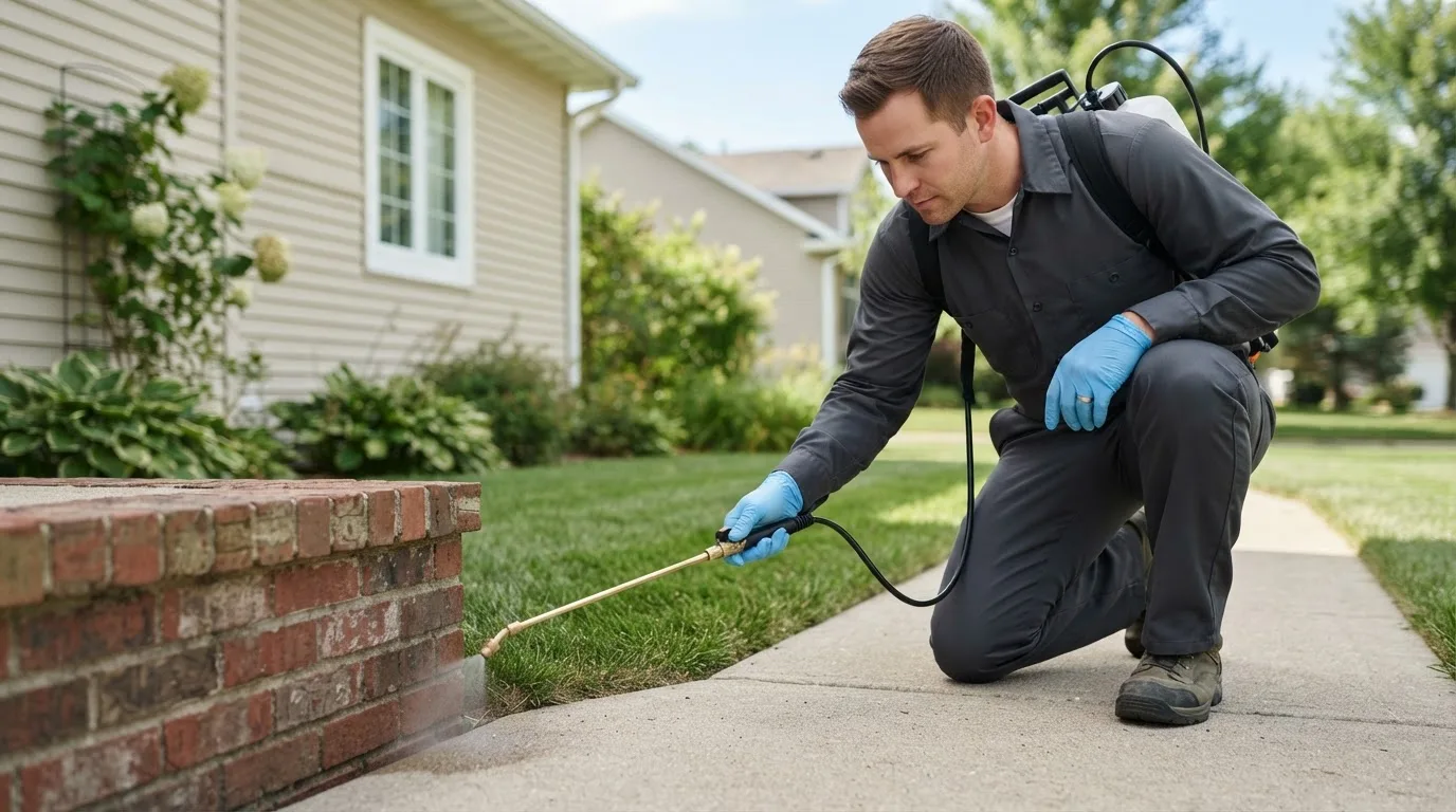 Pest control technician treating a home near Montgomery, IN