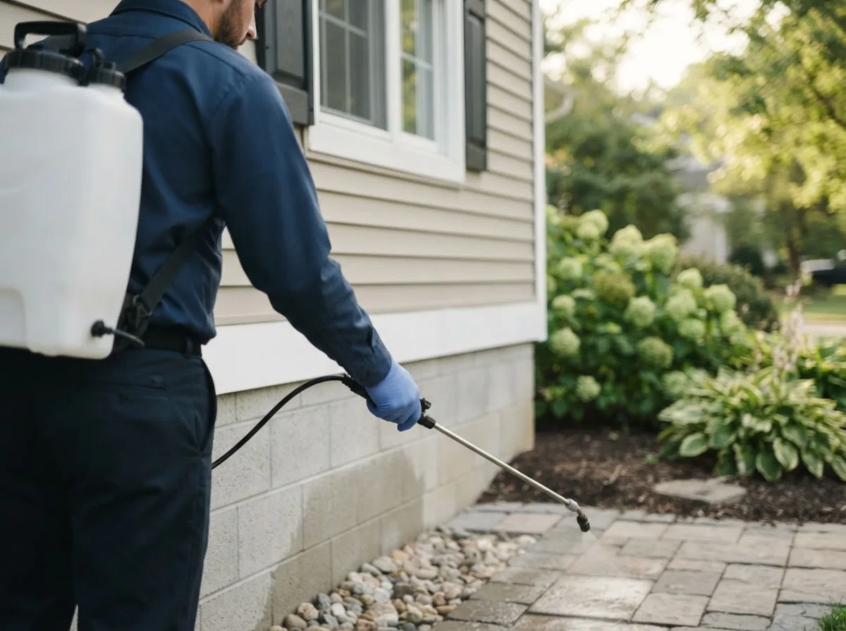 Pest control technician inspecting a home in Montgomery, IN